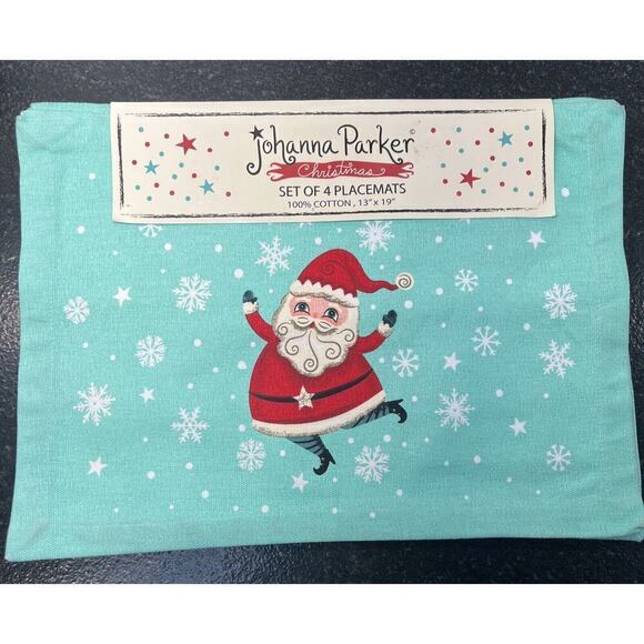 Johanna Parker Mint Green Santa Claus Christmas Cotton PLACEMATS Set‎ of 4 New - Picture 1 of 10
